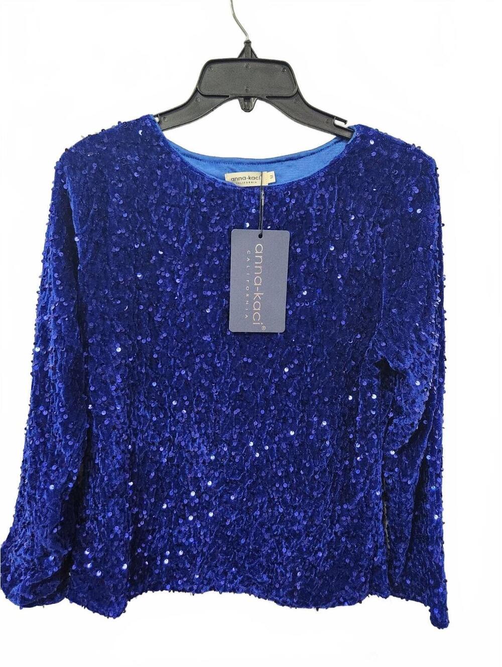 Anna Kaci Blue Sequin Long Sleeve Top Sparkle and Shine Collection